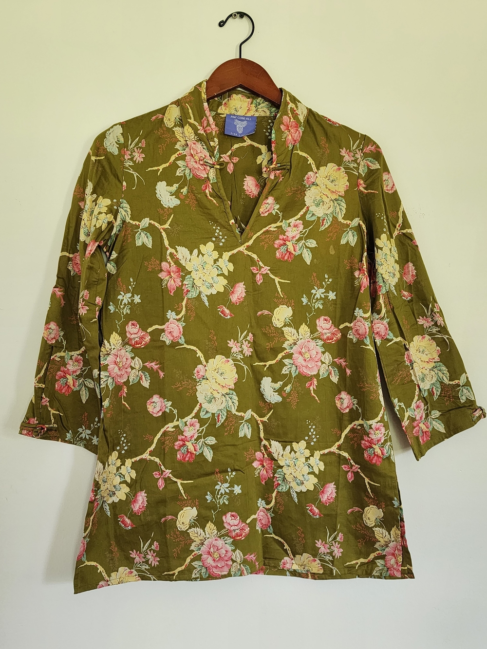 Pine Cone Hill Olive Floral Women's Top - 100% Cotton - Size XS